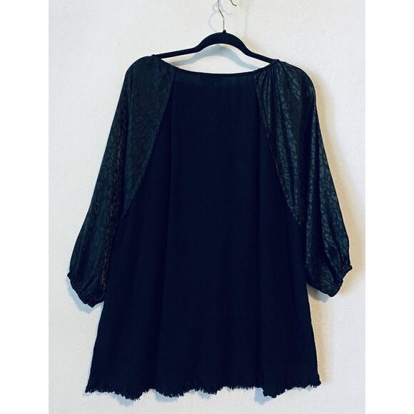 Umgee Top Womens XL Black Leopard Print Puffy Sleeve Linen Blend Fringe Hem Boho - Picture 4 of 7